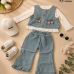 Girls Denim Co-Ord Set with Embroidered Vest & Frill Hem Pants