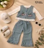 Girls Denim Co-Ord Set with Embroidered Vest & Frill Hem Pants