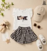 Teddy Love Printed Top & Gingham Shorts Co-Ord Set