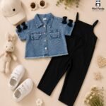 Denim Jacket & Black Jumpsuit Set for Girls – Stylish Casual Co-Ord Outfit