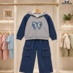 Butterfly Hoodie & Cargo Co-Ord Set for Girls – Grey & Navy Blue