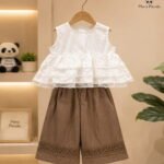 Luxe Layered Lace Top with Embroidered Wide-Leg Pants Co-Ord Set for Girls