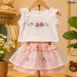 Girls Kitty Bow Top & Layered Tulle Shorts Skirt Co-Ord Set
