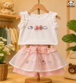 Girls Kitty Bow Top & Layered Tulle Shorts Skirt Co-Ord Set