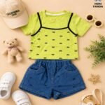 Lime Green Printed Top & Denim Shorts Co-Ord Set