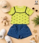 Lime Green Printed Top & Denim Shorts Co-Ord Set