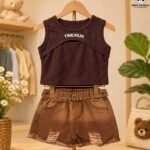 Girls Ribbed Cut-Out Tank Top & Distressed Denim Shorts Co-Ord Set