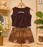 Girls Ribbed Cut-Out Tank Top & Distressed Denim Shorts Co-Ord Set