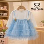 Sky Blue Layered Tulle Princess Dress for Girls – Full Sleeve Party Dress
