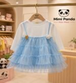 Sky Blue Layered Tulle Princess Dress for Girls – Full Sleeve Party Dress