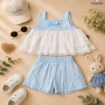 Premium Girls Sky Blue Lace Peplum Top & Bubble Shorts Co-Ord Set