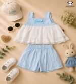 Premium Girls Sky Blue Lace Peplum Top & Bubble Shorts Co-Ord Set