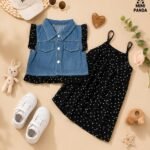 Luxury Denim Jacket & Polka Dot Dress Set for Girls