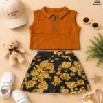 Premium Girls Mustard Ribbed Collar Top & Floral Skort Co-Ord Set