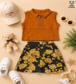 Premium Girls Mustard Ribbed Collar Top & Floral Skort Co-Ord Set