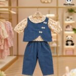 Elegant Denim Co-ord Set with Floral Puff Sleeve Top for Girls