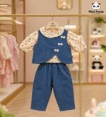Elegant Denim Co-ord Set with Floral Puff Sleeve Top for Girls
