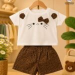 Girls Kitty Face Printed Top & Leopard Print Shorts Co-Ord Set
