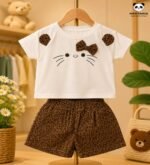 Girls Kitty Face Printed Top & Leopard Print Shorts Co-Ord Set