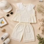 Elegant Ivory Cotton Co-Ord Set with Lace Collar