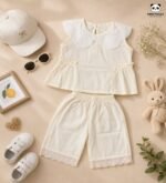 Elegant Ivory Cotton Co-Ord Set with Lace Collar