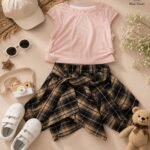 Blush Bow Tee with Plaid Tie-Waist Skirt Co-Ord Set for Girls