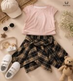 Blush Bow Tee with Plaid Tie-Waist Skirt Co-Ord Set for Girls