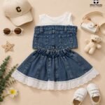Premium Denim Lace Party Dress for Girls – Sleeveless Casual & Party Wear
