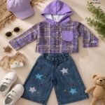 Galaxy Plaid Hooded Shirt with Star Embroidered Wide-Leg Denim Co-Ord Set for Girls