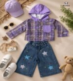 Galaxy Plaid Hooded Shirt with Star Embroidered Wide-Leg Denim Co-Ord Set for Girls