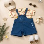 Cute Dungaree Shorts Cord Set for Girls Printed Shirt with Denim Dungaree