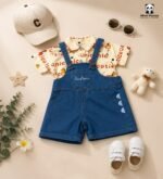 Cute Dungaree Shorts Cord Set for Girls Printed Shirt with Denim Dungaree