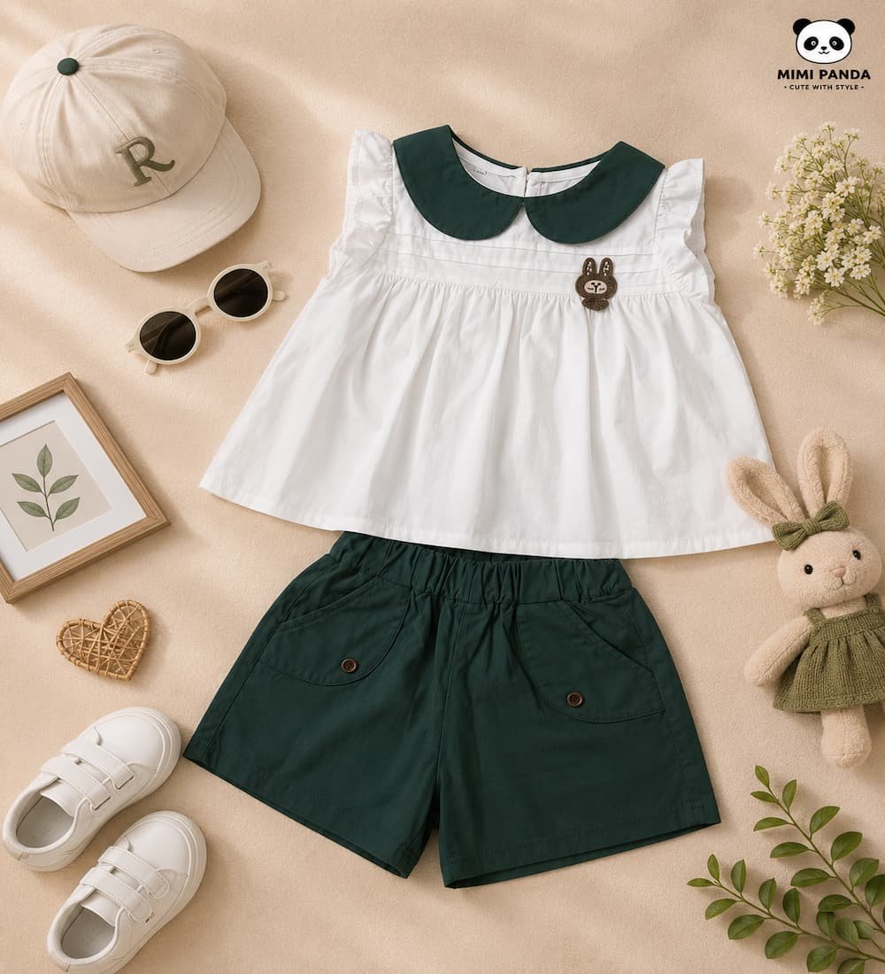 1 Peter Pan Collar Top & Forest Green Shorts Co-Ord Set - Image 1