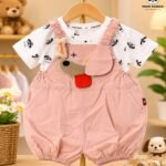 Baby Girls Puppy Appliqué Dungaree Romper & Printed T-Shirt Set