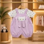 Baby Girls Kitty Appliqué Dungaree Romper & Printed T-Shirt Set