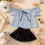Elegant Sky Blue Bow Top & Black Pleated Skirt Co-ord Set for Girls