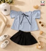 Elegant Sky Blue Bow Top & Black Pleated Skirt Co-ord Set for Girls