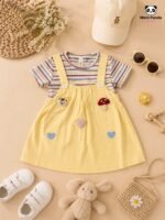 Mimi Panda Premium Sunshine Pinafore Dress Set for Girls – Striped T-Shirt with Cute Yellow Suspender Dress - Image 2