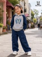Butterfly Hoodie & Cargo Co-Ord Set for Girls – Grey & Navy Blue - Image 6