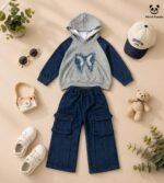 Butterfly Hoodie & Cargo Co-Ord Set for Girls – Grey & Navy Blue - Image 5