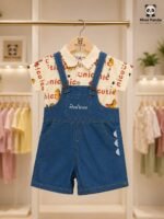 Cute Dungaree Shorts Cord Set for Girls Printed Shirt with Denim Dungaree - Image 5