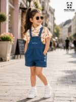 Cute Dungaree Shorts Cord Set for Girls Printed Shirt with Denim Dungaree - Image 6