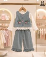 Girls Denim Co-Ord Set with Embroidered Vest & Frill Hem Pants - Image 6