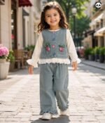 Girls Denim Co-Ord Set with Embroidered Vest & Frill Hem Pants - Image 7