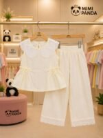 Elegant Ivory Cotton Co-Ord Set with Lace Collar - Image 5