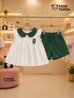 Peter Pan Collar Top & Forest Green Shorts Co-Ord Set - Image 5