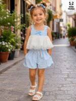 Premium Girls Sky Blue Lace Peplum Top & Bubble Shorts Co-Ord Set - Image 4
