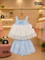 Premium Girls Sky Blue Lace Peplum Top & Bubble Shorts Co-Ord Set - Image 5