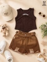 Girls Ribbed Cut-Out Tank Top & Distressed Denim Shorts Co-Ord Set - Image 4