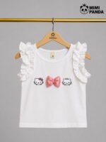 Girls Kitty Bow Top & Layered Tulle Shorts Skirt Co-Ord Set - Image 2
